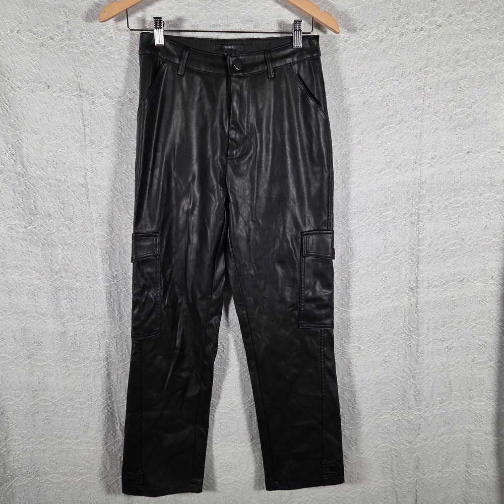 Forever 21 Womens Faux Leather Cargo Pants Black High Rise Straight Leg Size S